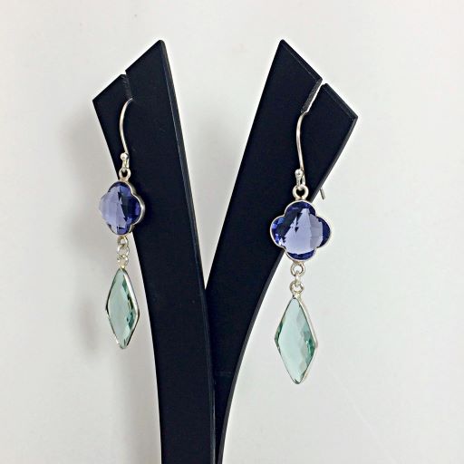 Sterling Silver Bezel Clover Shape Faceted Stone Earring Pair